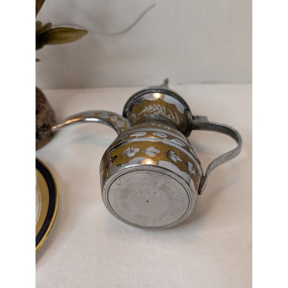 Vintage Dallah Coffee Pot Middle Eastern Style Brass & Silver Floral Engravings - Picture 8 of 10